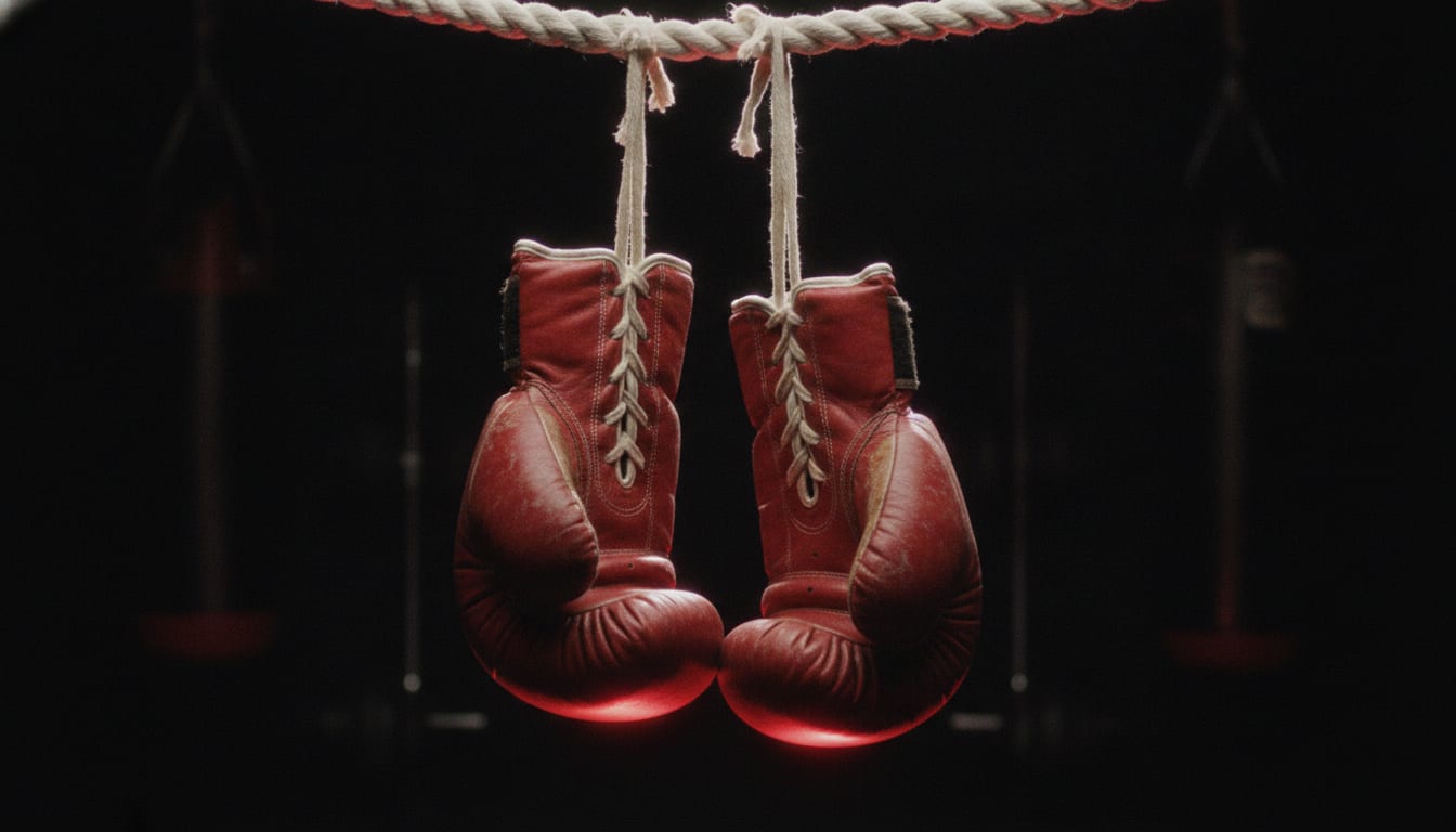 Guantes de boxeo colgados en el ring — clases de boxeo en Fernando de la Mora