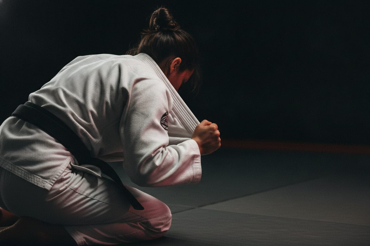 Mujer entrenando Jiu-Jitsu con gi y cinturón negro en A J Contact
